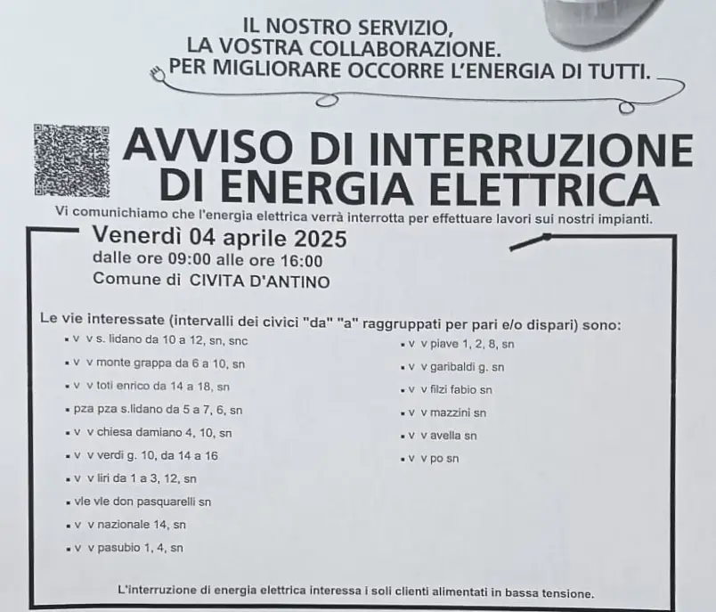 Avviso interruzione energia elettrica Vi comunichiamo che l'energia elettrica verrà interrotta per effettuare lavori sui nostri impianti (04 aprile 2025 dalle ore 09:00 alle ore 16:00) Fraz. Pero Dei Santi